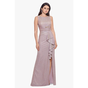 BETSY & ADAM Ruffled-Front Glitter Gown | 14